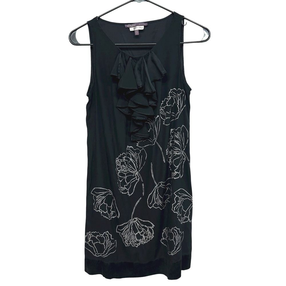 Hale Bob Black Silk Floral Dress Small Sleeveless Ruffle Hem Romantic Event‎